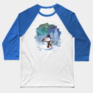 Happy Christmas Snowman Cute Birds Winter Wonderland Baseball T-Shirt